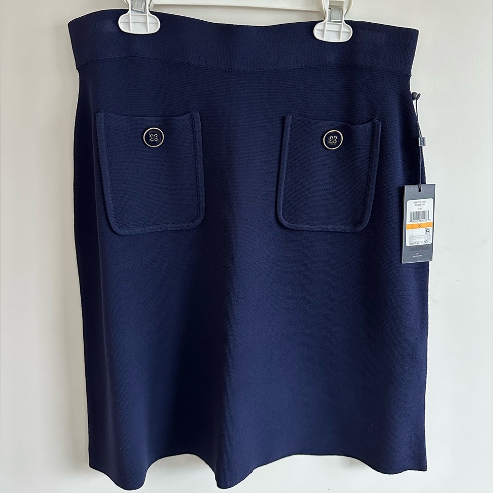 NWT: Small Navy Blue Tommy Hilfiger Knee-length Skirt w/ Front Pockets & Buttons